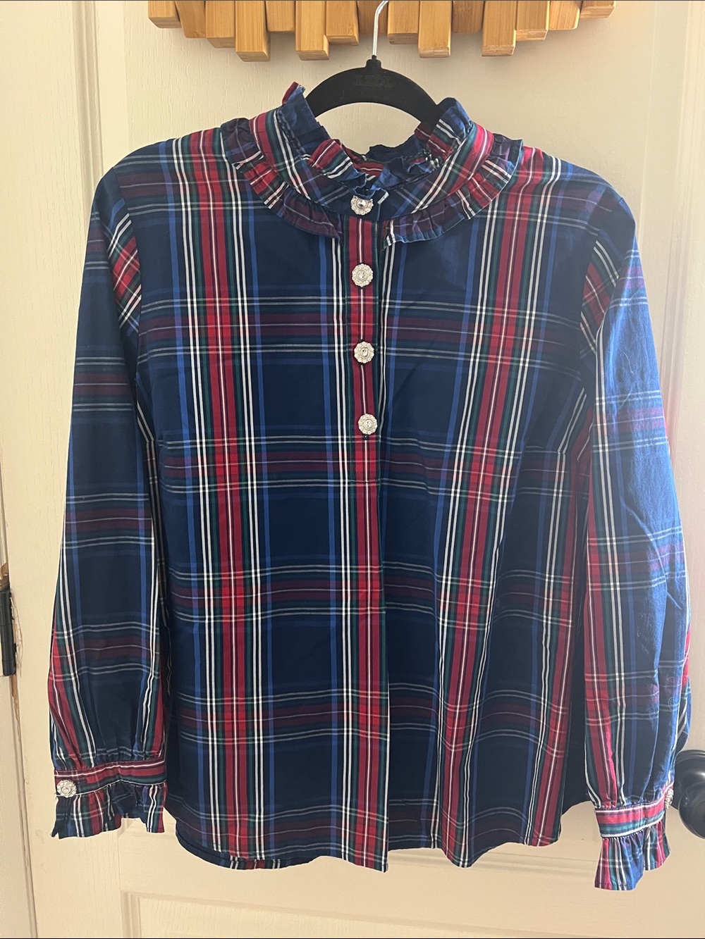 St. John's Bay Navy and Red Plaid Ruffle-Neck Button Front Blouse